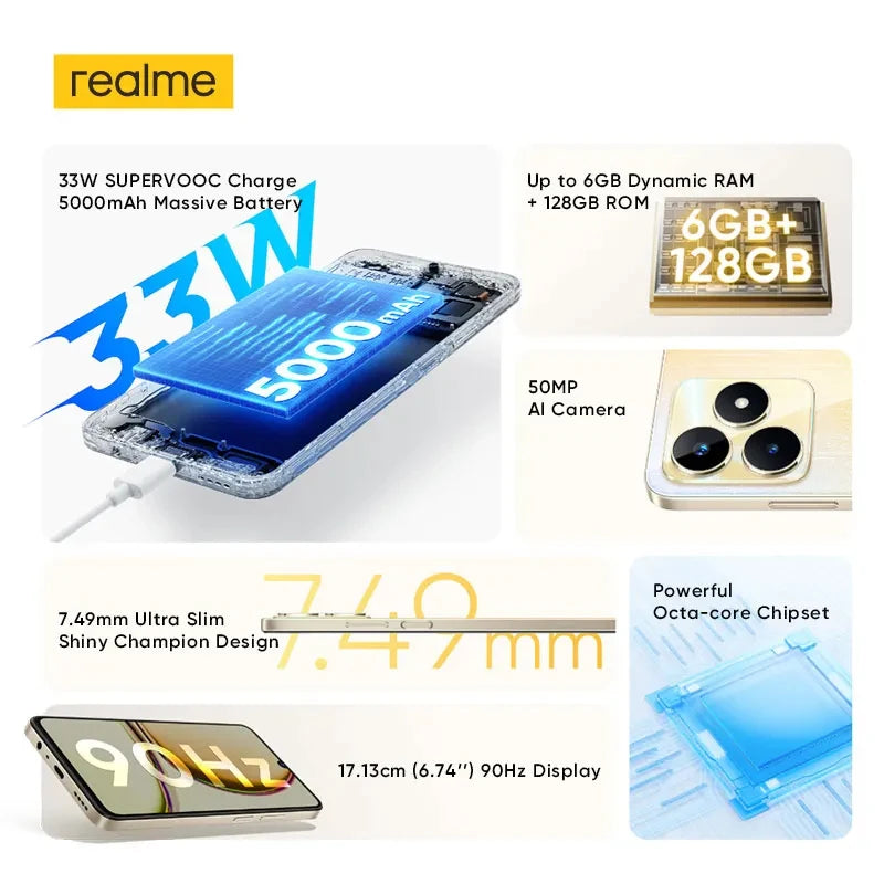 realme C53 Cellphone Octa Core Ultra Slim 33W SUPERVOOC Charge 5000mAh 50MP 6.74" HD 90 Hz Screen NFC Smartphone Mobile Phone