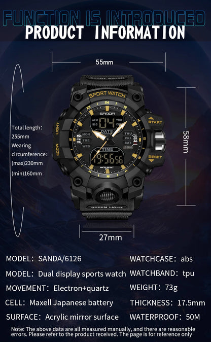 SANDA Dual Display Men Watches Waterproof Sports Watch Military Man Alarm Stopwatch Quartz Wristwatch Male Digital Clock 6126