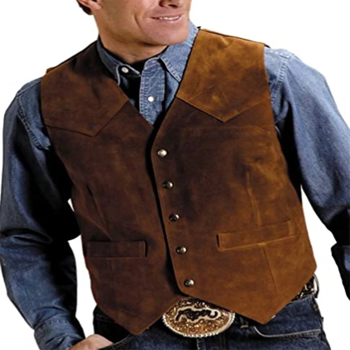 Men's Cow Leather Suit Waistcoat Steampunk Vest Western Cowboy Style S-XXXL - MAGNET MARKET