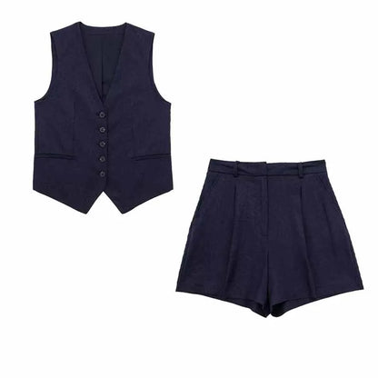 TRAFZA Women Elegant Solid Button Sleeveless Linen Shorts Set Vintage Casual V Neck Chic Vest Set 2023 Women's Office Lady Suit