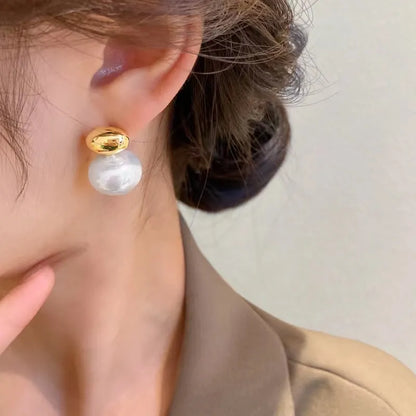 2023 New French Elegant Gold Color Bean Spliced Flat Pearl Earrings for Korean Fashion Jewelry Party Women's Sweet Accessories