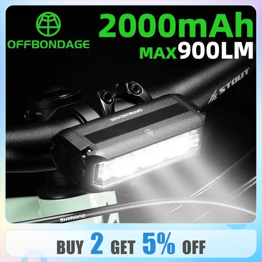 OFFBONDAGE Bicycle Light Front 900Lumen Bike Light 2000mAh Waterproof Flashlight USB Charging MTB Road Cycling Lamp