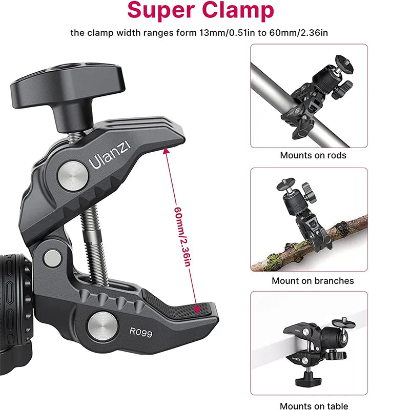 Ulanzi R099 Super Clamp with 360° Mini Ball Head Quick Release Clamp Bracket Tripod Mount 1/4 Screw Clip for DSLR Camera Gopro