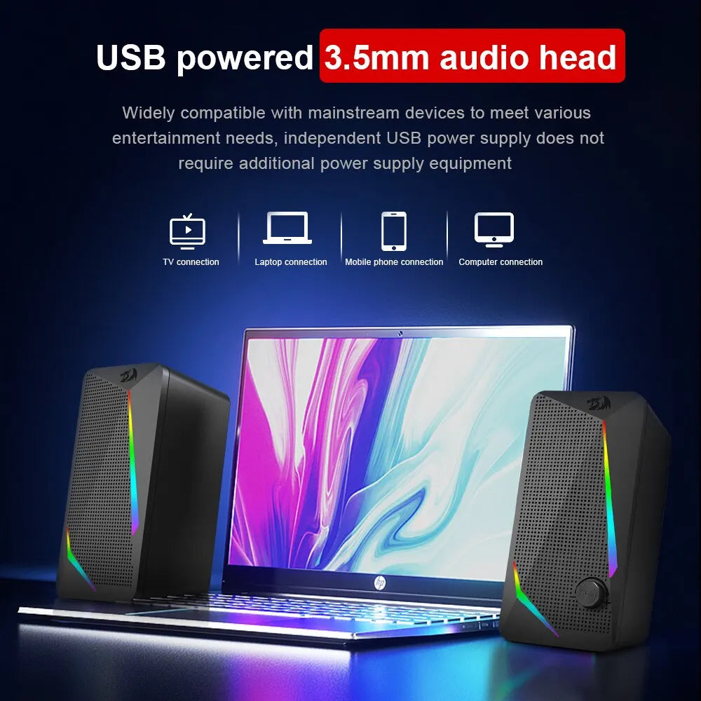 REDRAGON Waltz GS510 3.5mm Aux 2.0 Stereo Surround Music RGB Gaming Speakers Sound Bar for Computer Desktop PC Loudspeakers