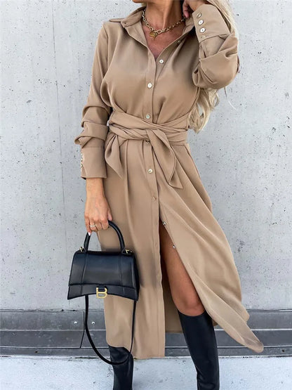 S~3XL Solid Long Sleeve Shirt Dress Women Lace up Single Breasted Beach Maxi Party Dresses Turn-down Collar Split Sash Vestidos