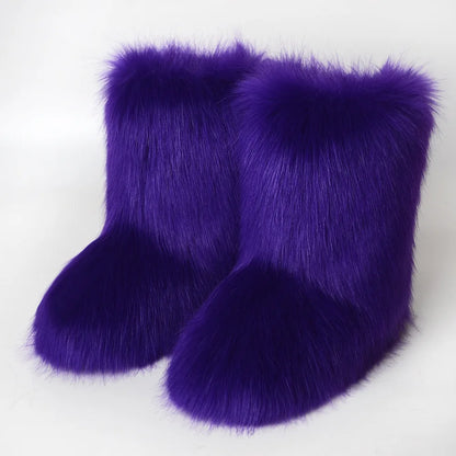 Winter Fuzzy Boots Women Furry Shoes Fluffy Fur Snow Boots Plush lining Slip-on Rubber Flat Outdoor Bowtie Warm Ladies Footwear