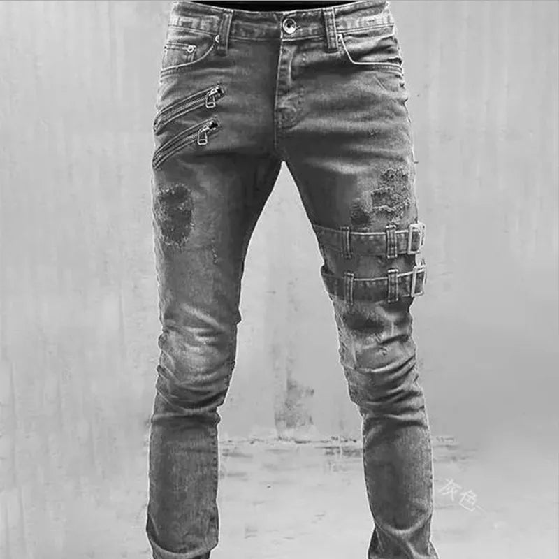 White Embroidery Jeans Men Cotton Stretchy Ripped Skinny Jeans High Quality Hip Hop Black Hole Slim Fit Oversize Denim Pants - MAGNET MARKET