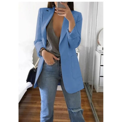 Autumn And Winter Women's Fashion Solid Color Polo Neck Slim Fit Coat Elegant Women's Long Sleeve Pocket Casual Suit Coat S-5XL